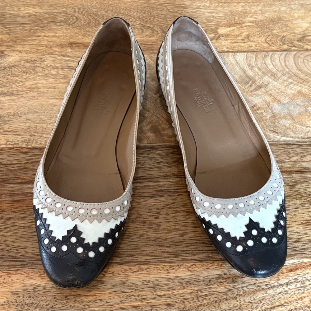Hermès Leather ballet flats color block western white cream gray 37 US 7 shoes